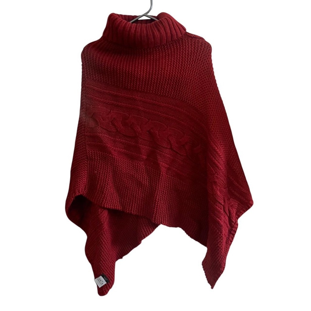 Red Cable-Knit Turtleneck Poncho Sweater